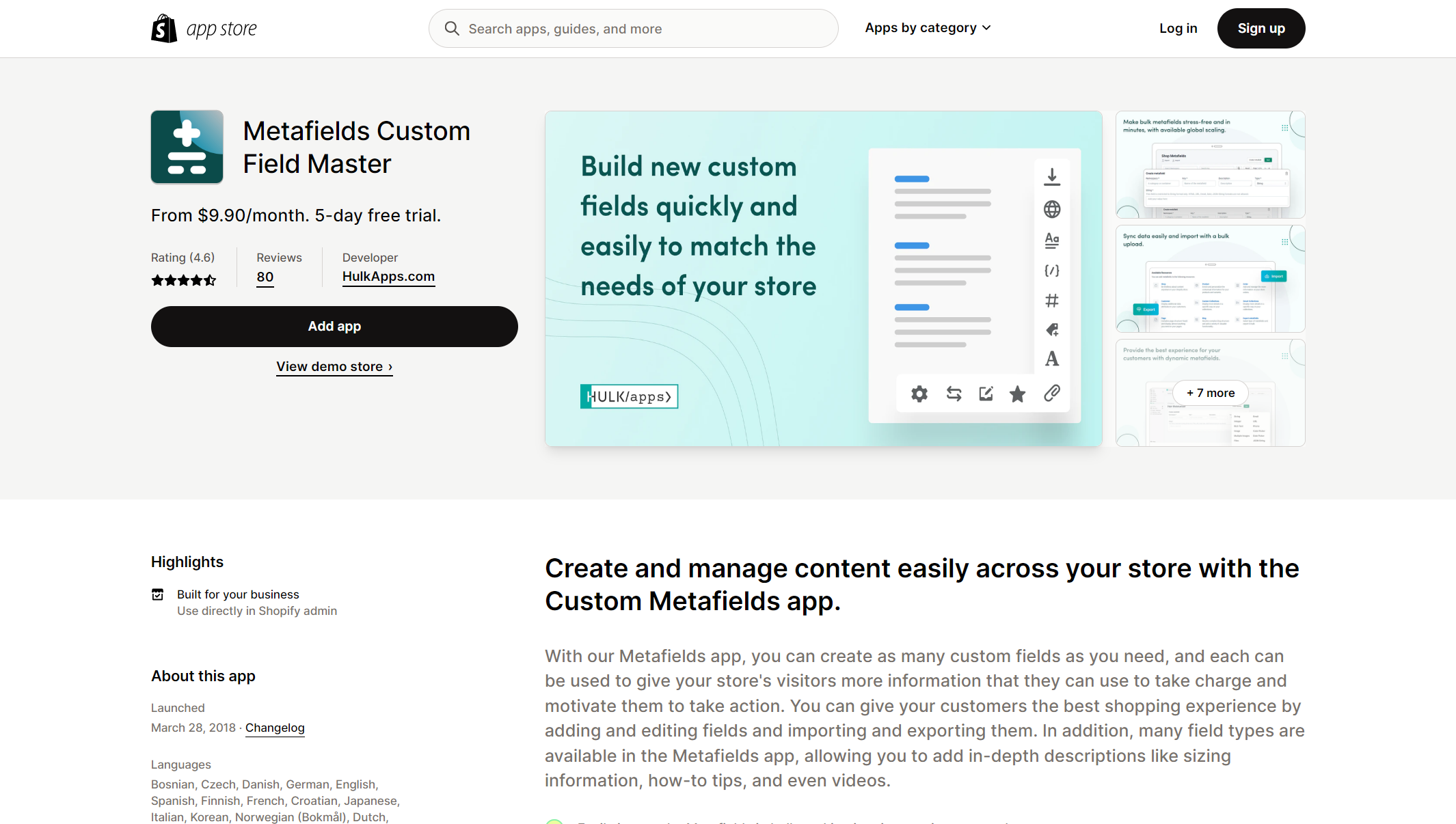 Shopify app store - Metafields Custom Field Master