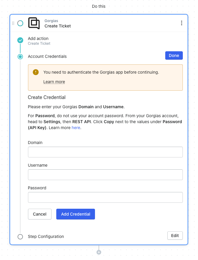 gorgias add credentials step