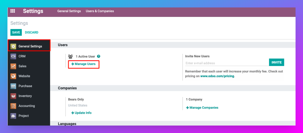 Click on Manage Users in Odoo ERP