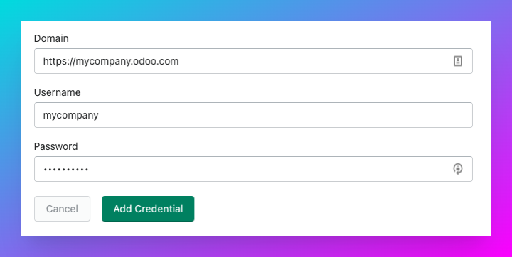 Add MESA Credential Step for Odoo ERP. Connect Shopify to Odoo.