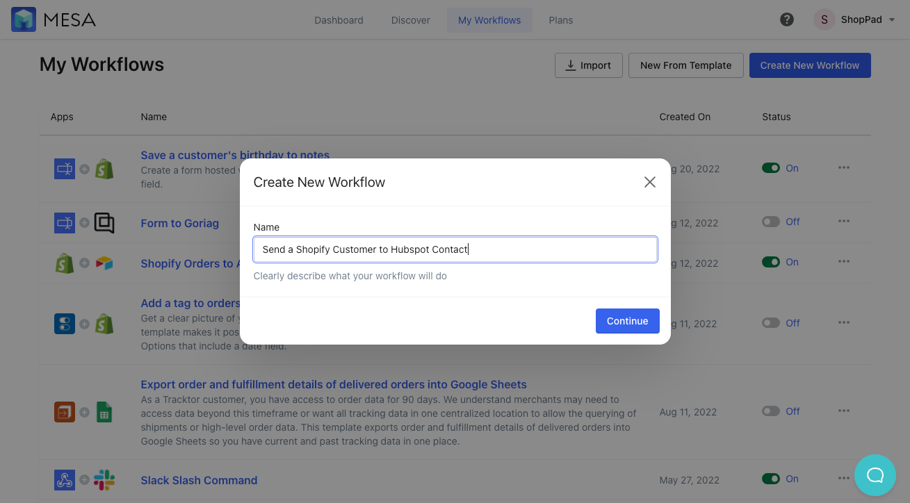 shopify customer to hubspot contact aorkflow
