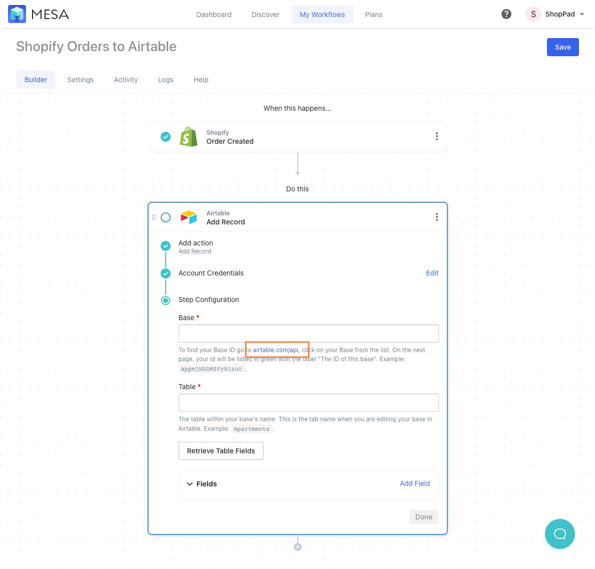 shopify to airtable - select base