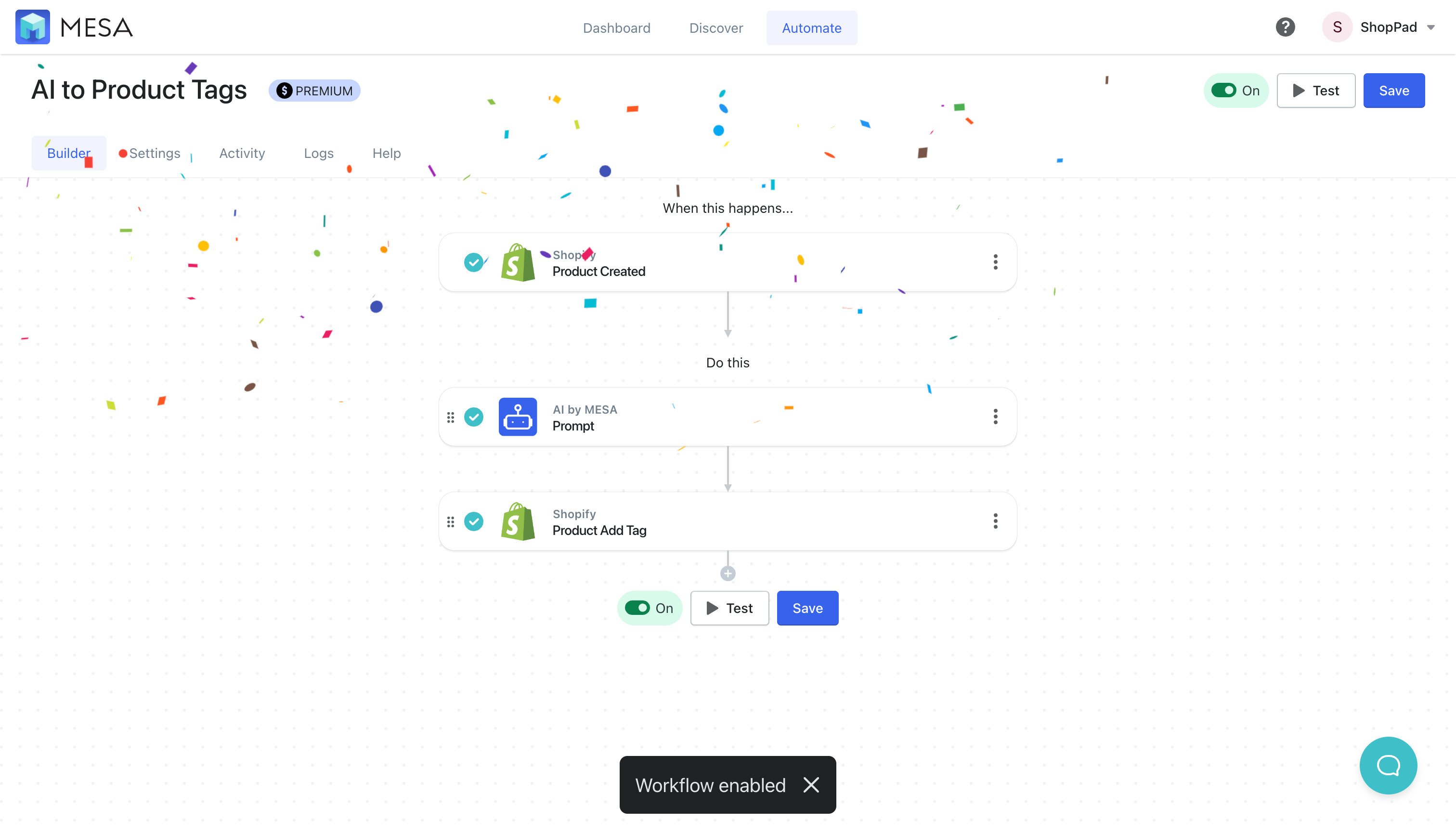 Shopify Product Tags from AI workflow enabled