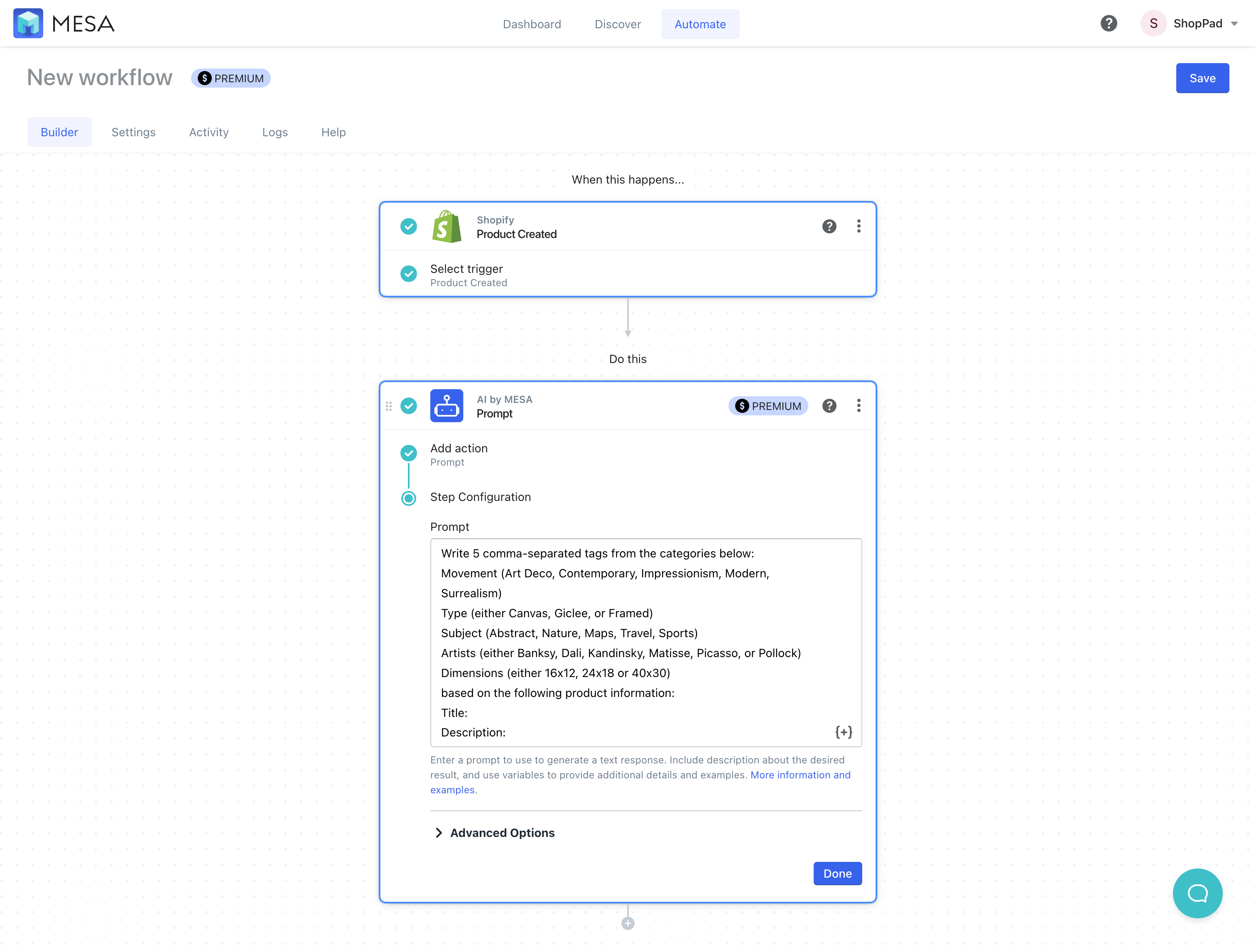 shopify to ai prompt instructions