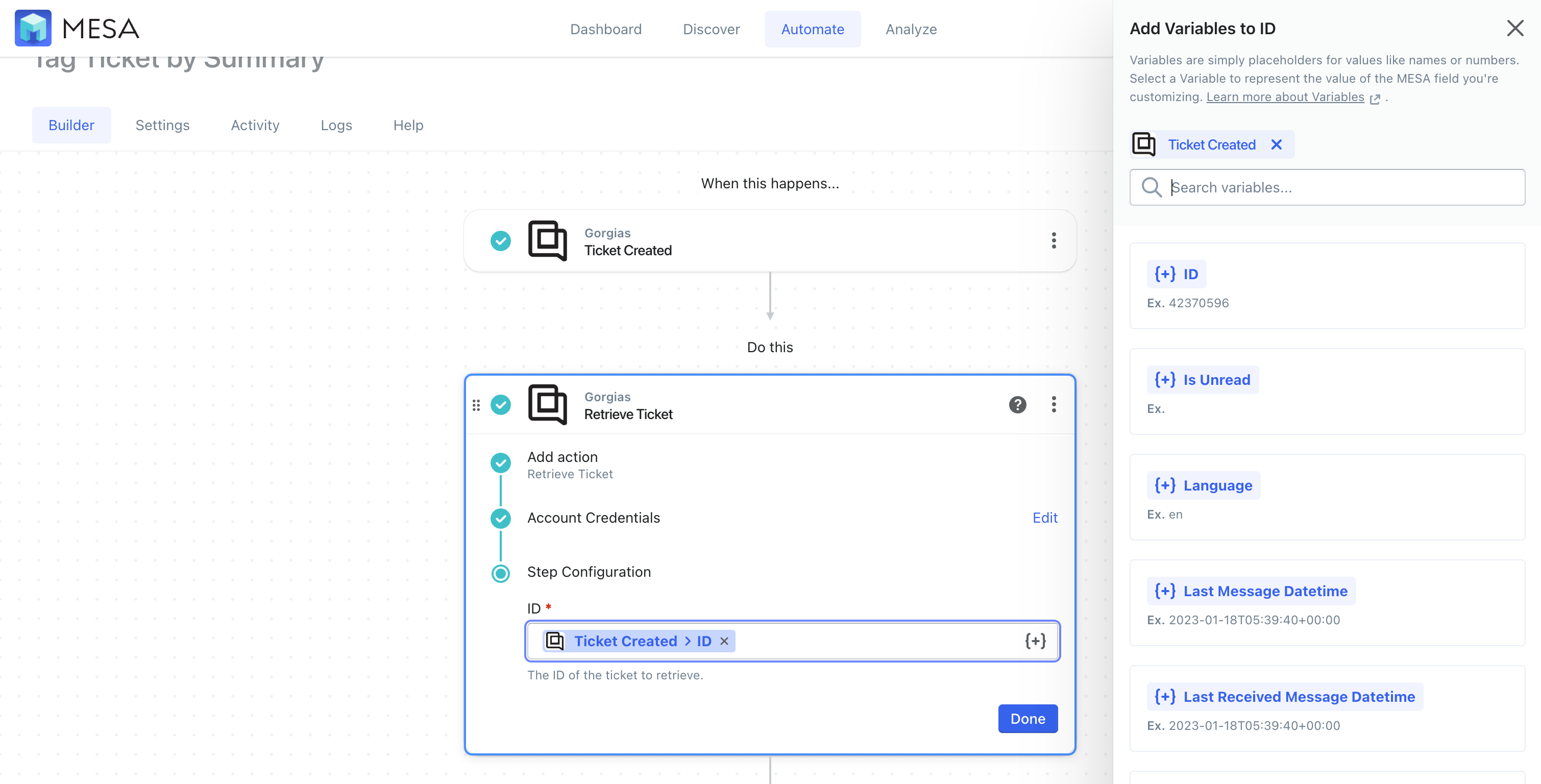 workflow step - gorgias retrieve ticket