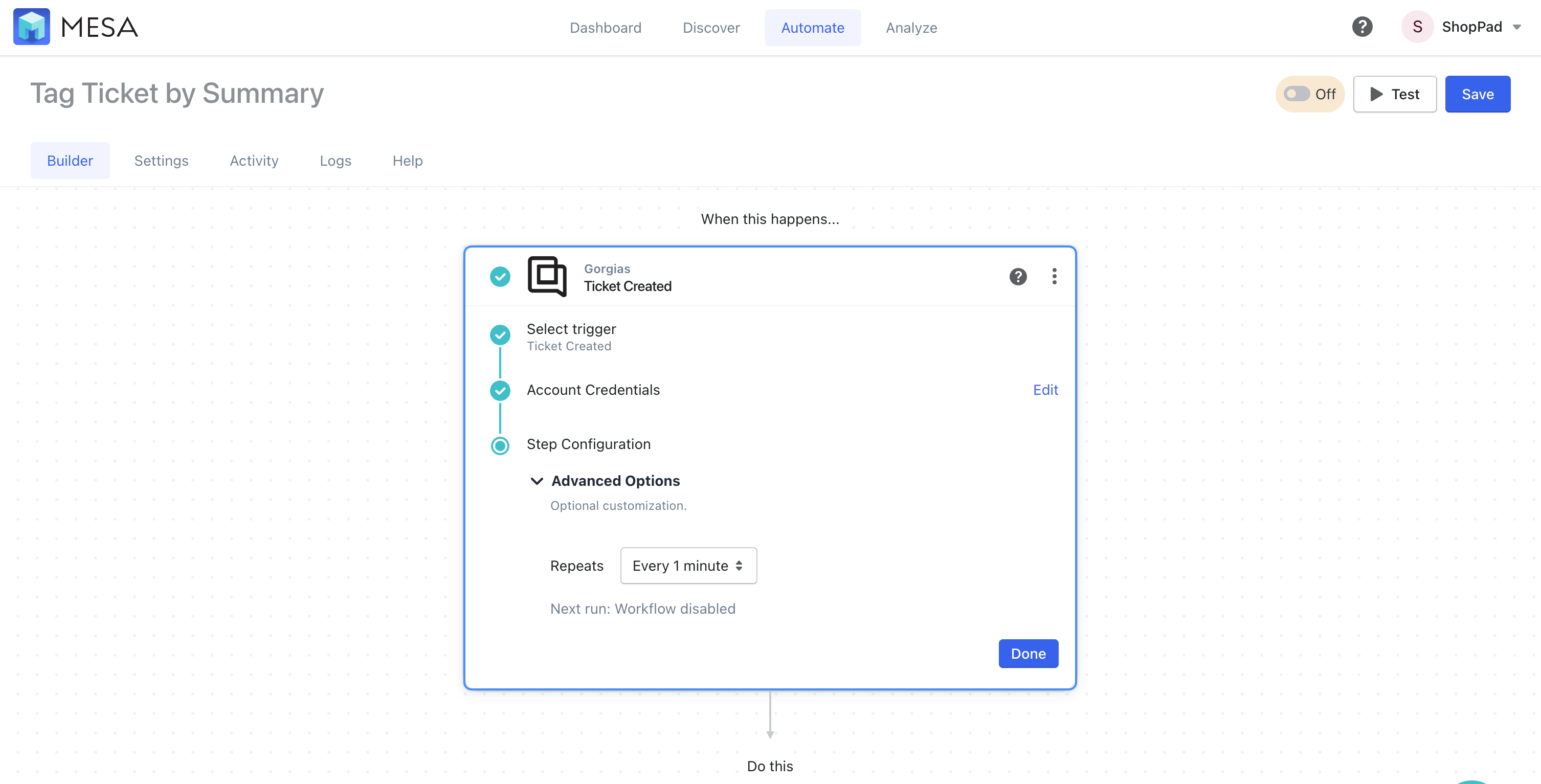 workflow step: gorgias ticket created