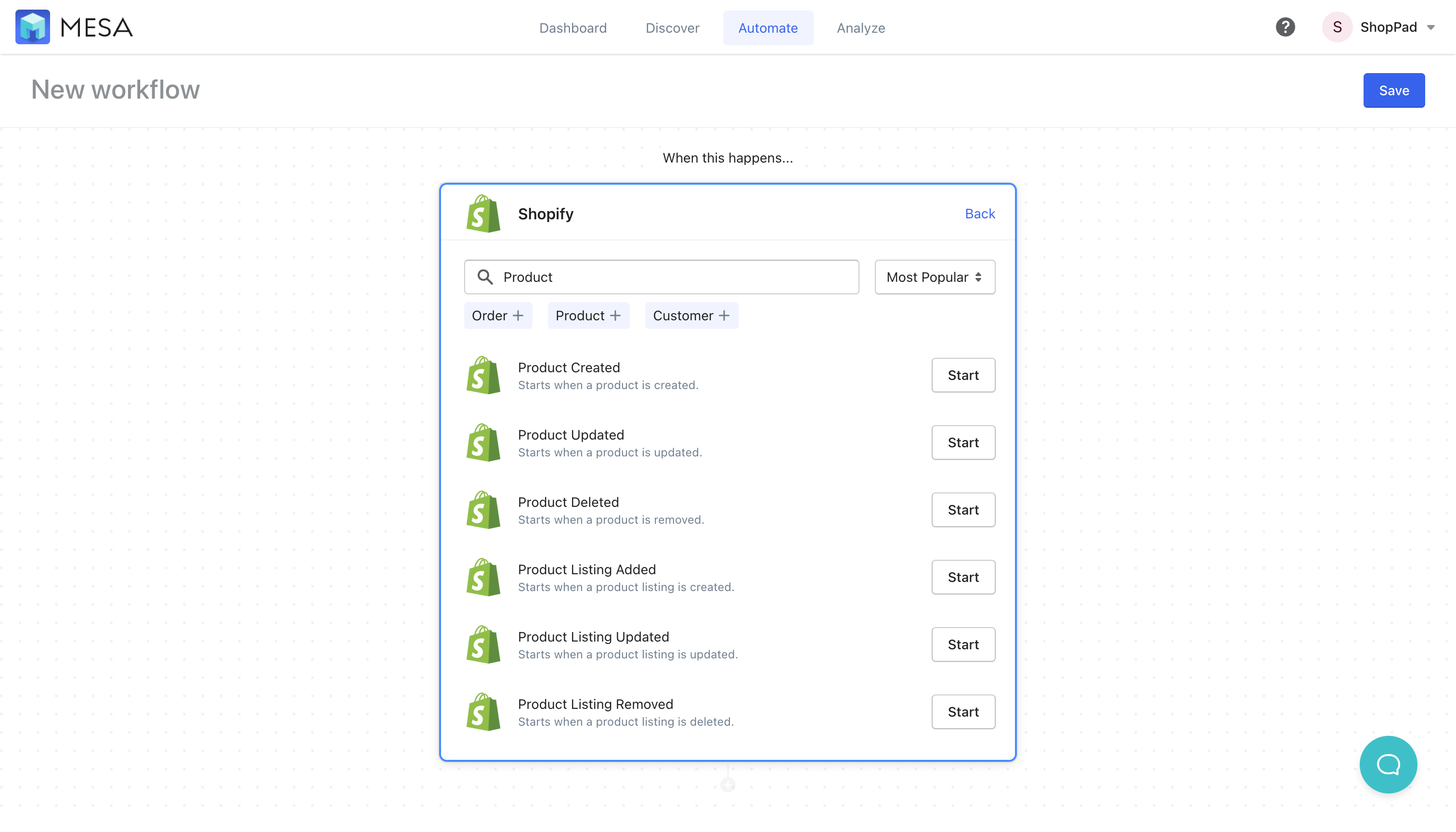 workflow - shopify product created