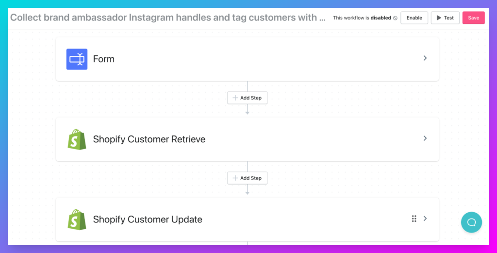 Marketing automation workflow: Collect IG Brand Ambassadors