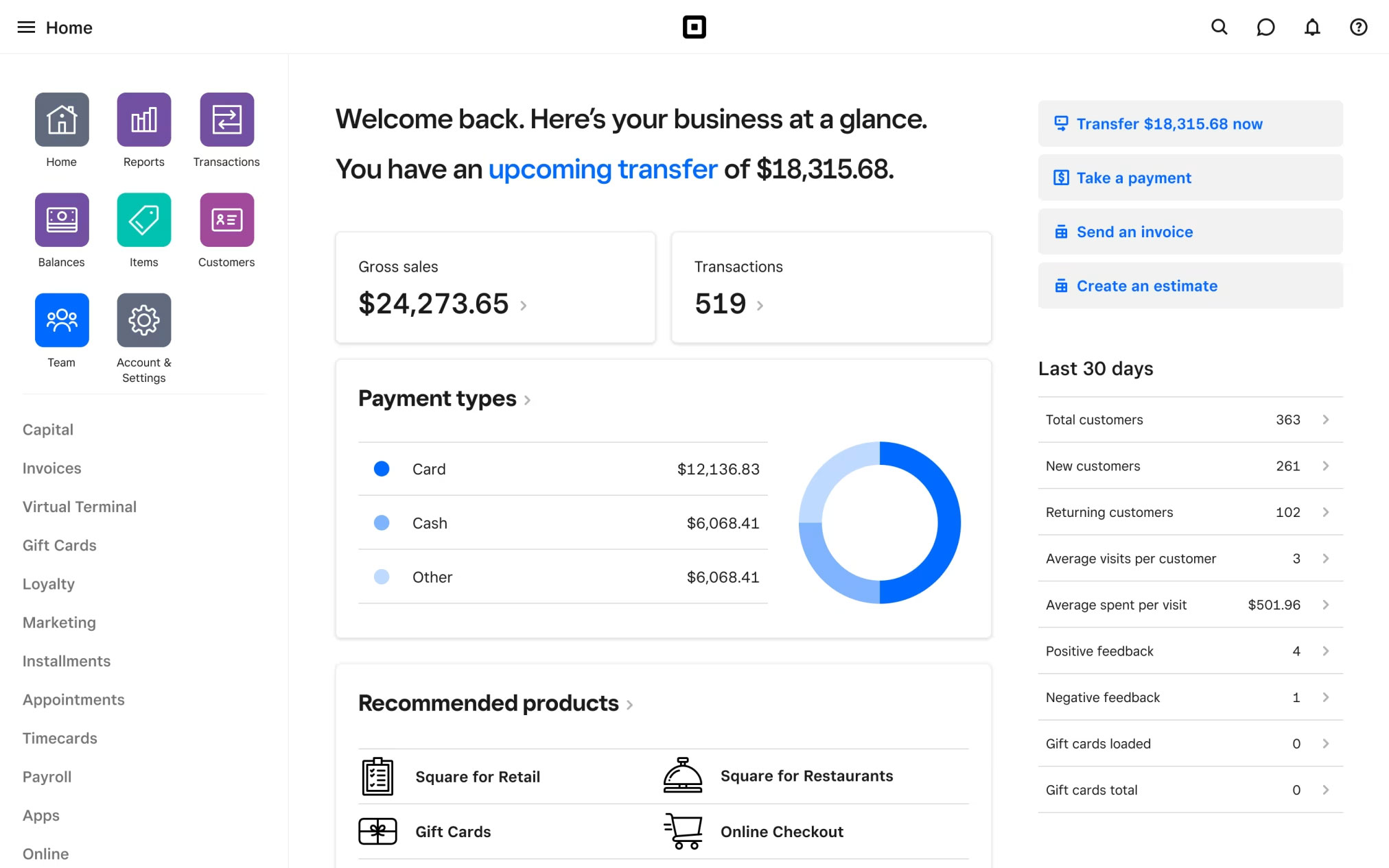 Square payments dashboard