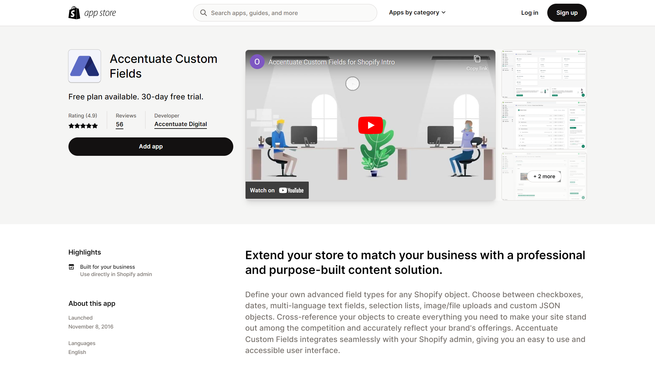 Shopify app store - Accentuate Custom Fields
