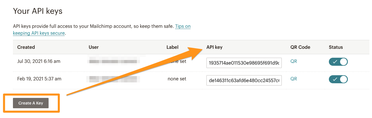 Mailchimp admin - Create API Key