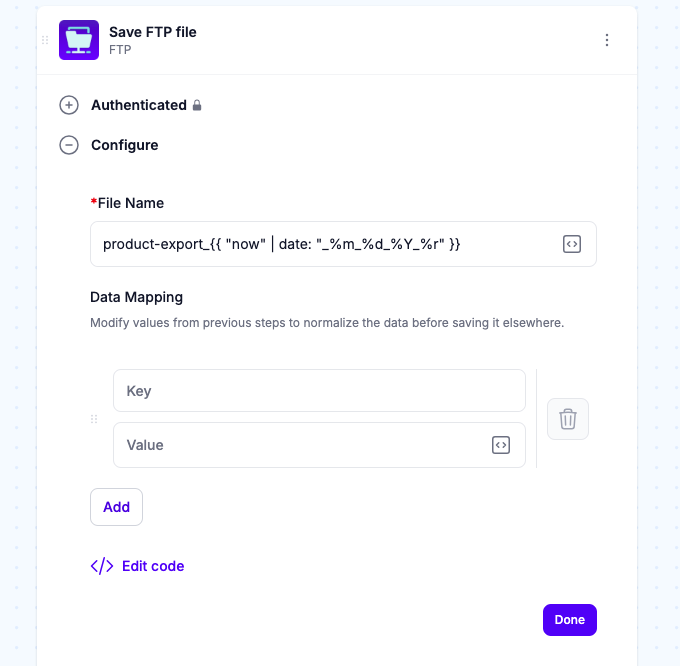 Add the FTP step and select Save FTP file