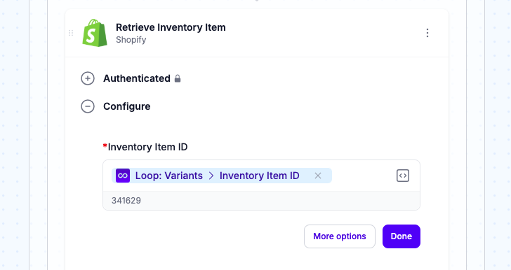 Add a Shopify step and select the Retrieve Inventory Item action