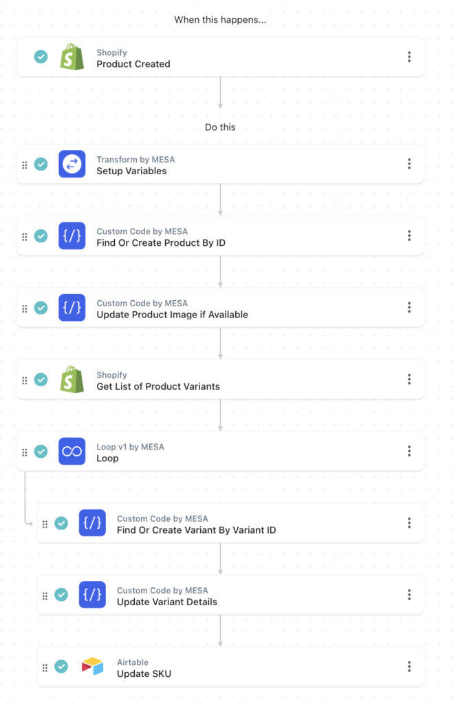 workflow steps: Save products and variants to Airtable