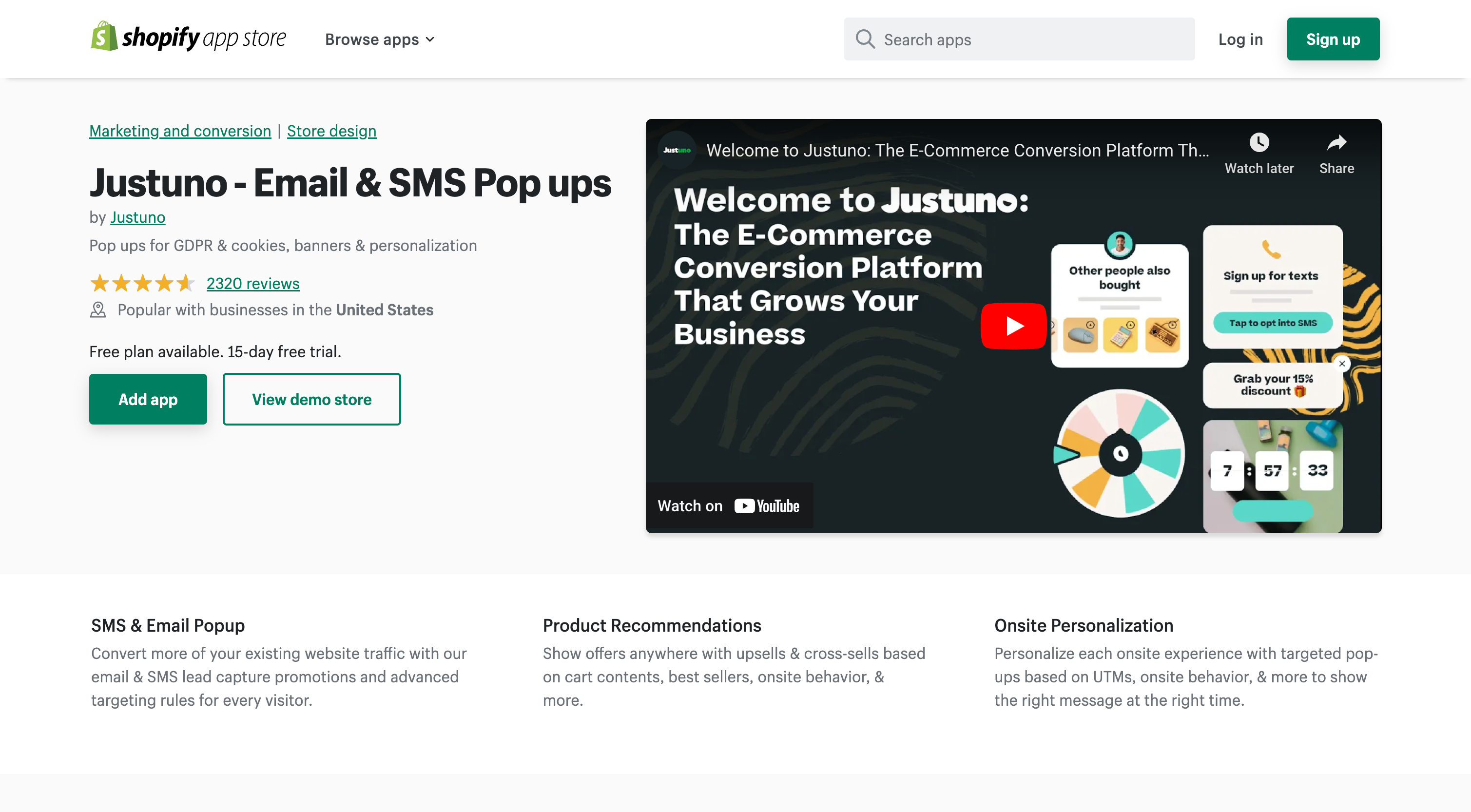 Justuno ‑ Email & SMS Pop ups - Pop ups for GDPR & cookies, banners & personalization | Shopify App Store