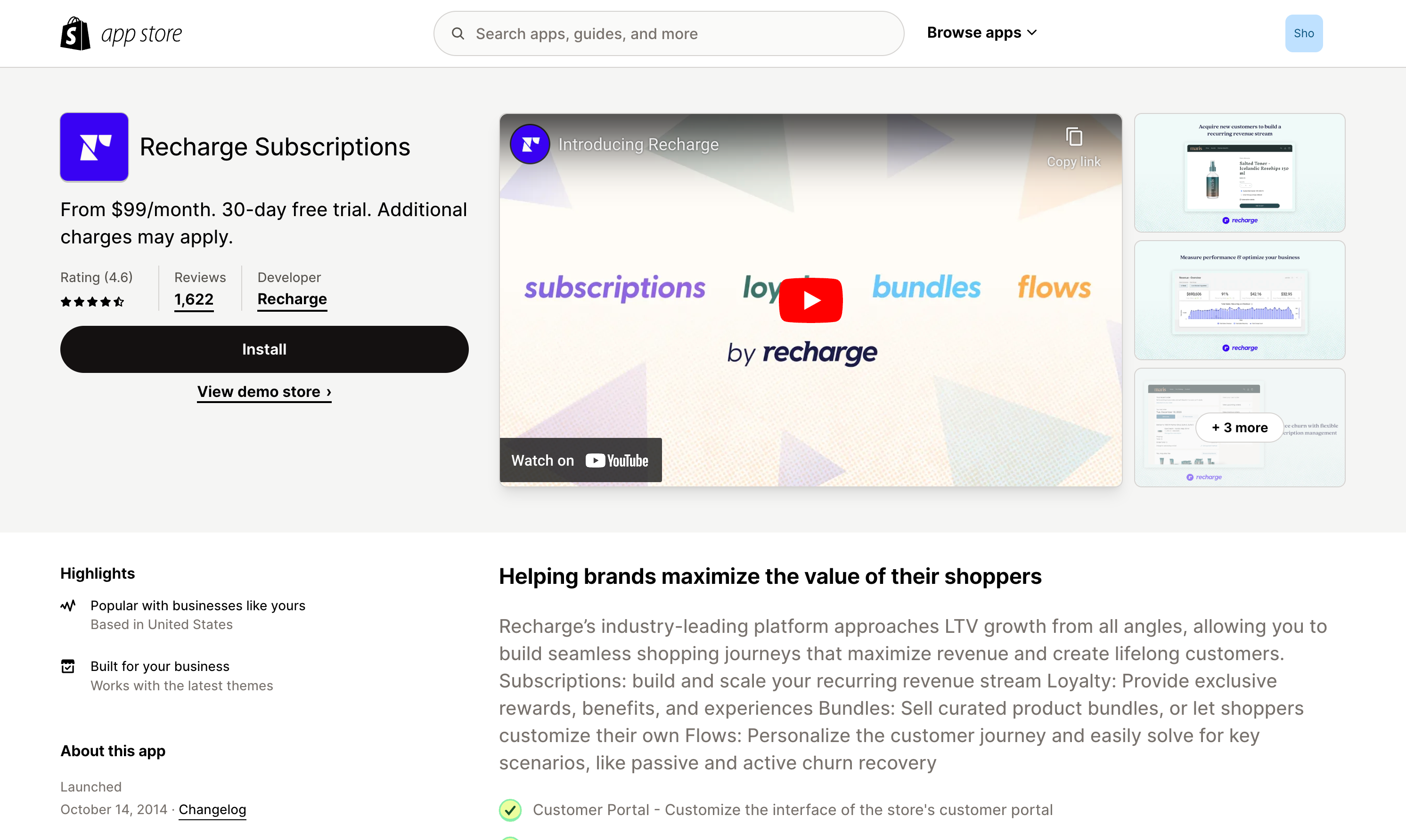 Shopify app store: Recharge Subscriptions