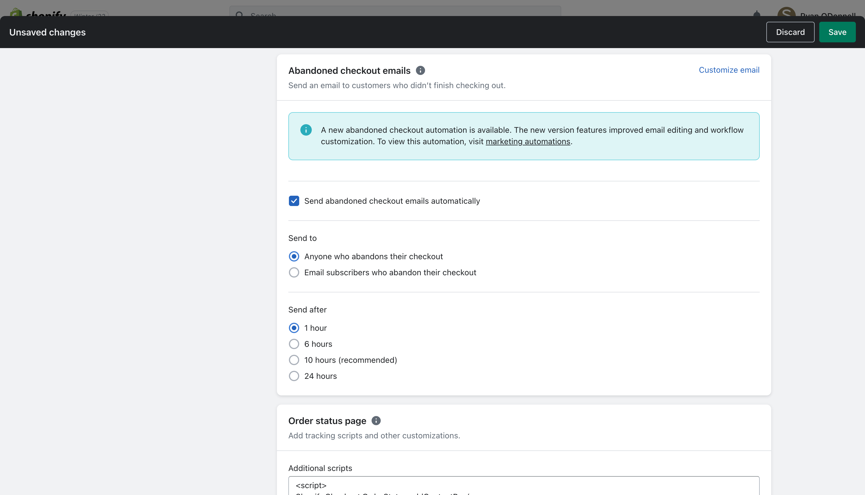 Shopify settings for abandoned checkout emails 