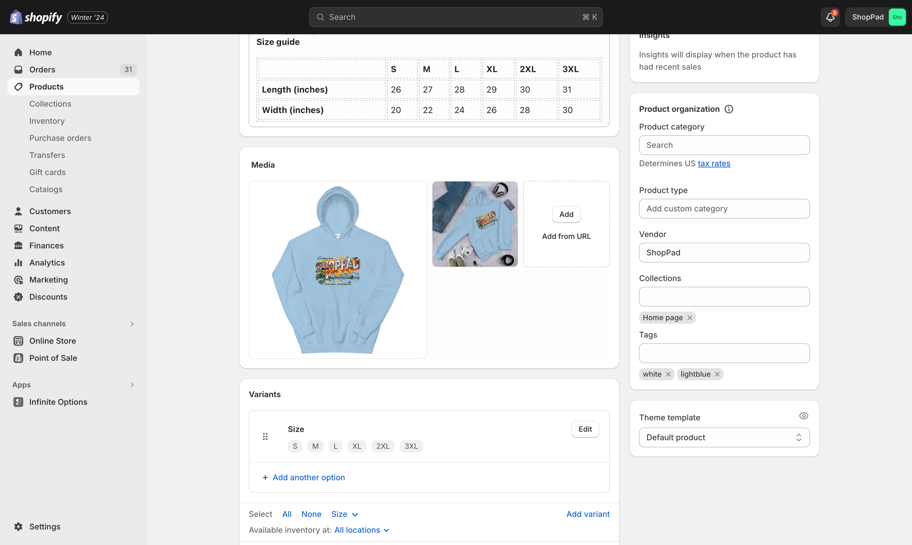 shopify admin - product details