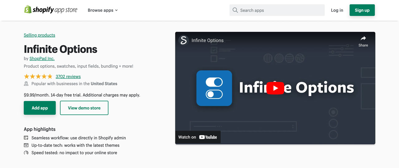 Infinite Options app on the Shopify App Store