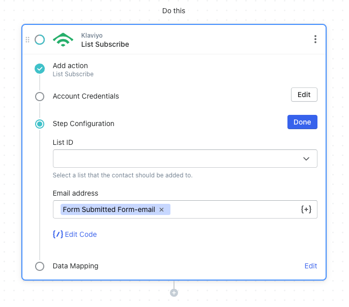 Klaviyo workflow: List Subscribe - configure