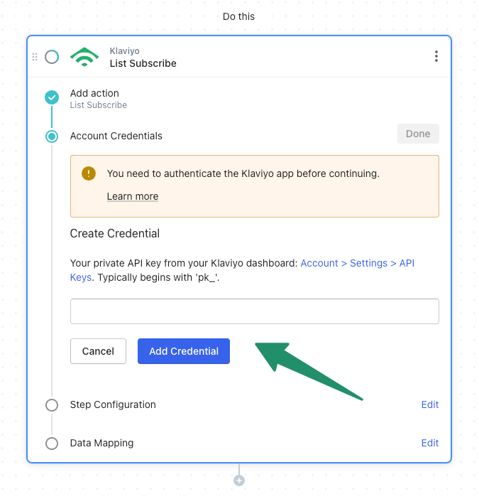 Klaviyo - add credentials