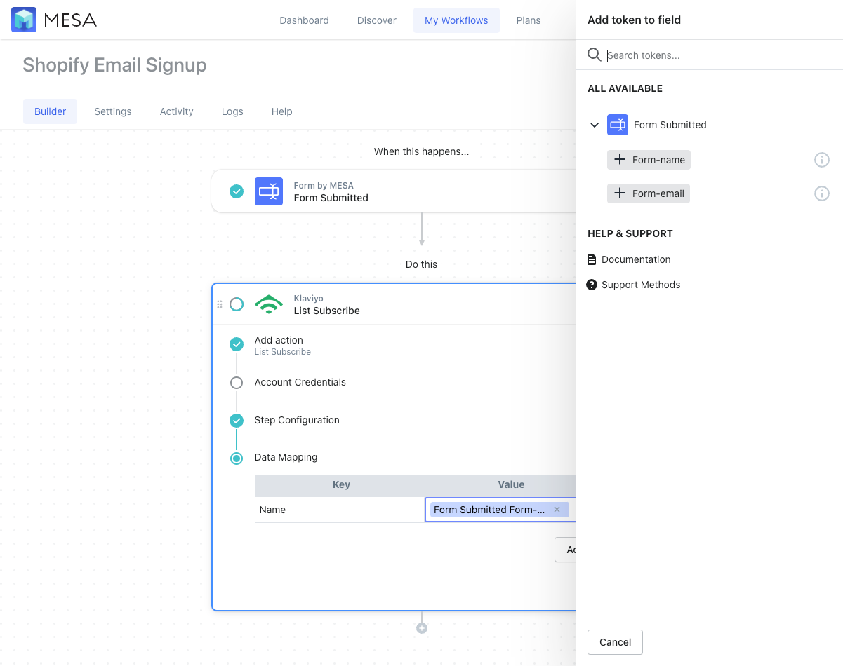 Klaviyo workflow action: Data mapping