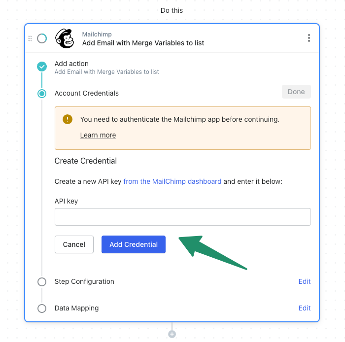 Mailchimp workflow action: Add Email to List
