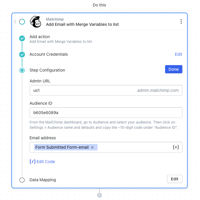 Mailchimp workflow configuration