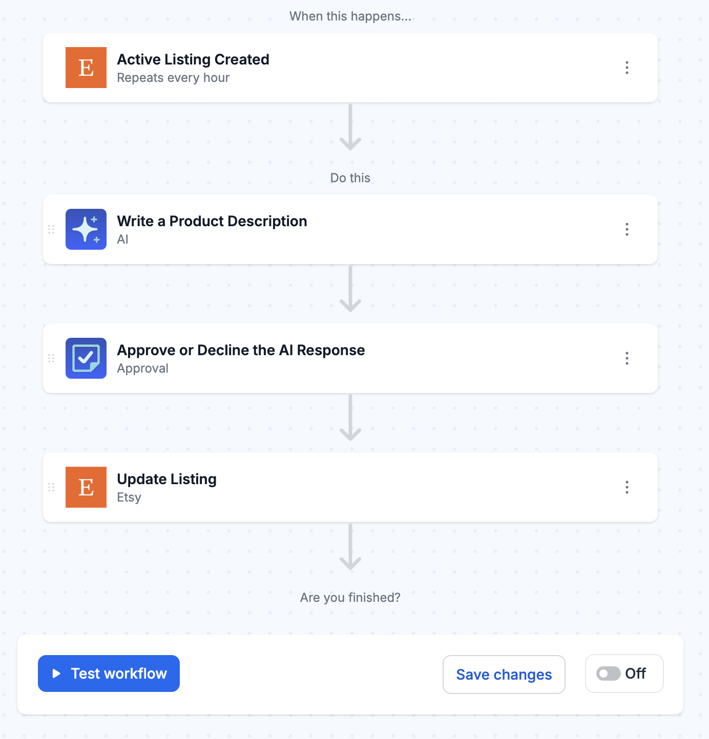Test, then turn “On” to start having AI write your Etsy listings