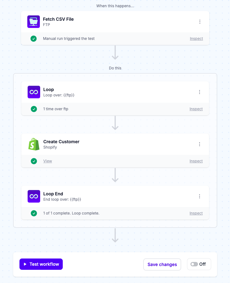 Test and turn "on," you're now ready to mport customer CSV files into Shopify