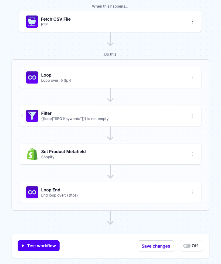 Test your workflow to confirm it’s ready, then turn it on to run whenever a trigger event happens.