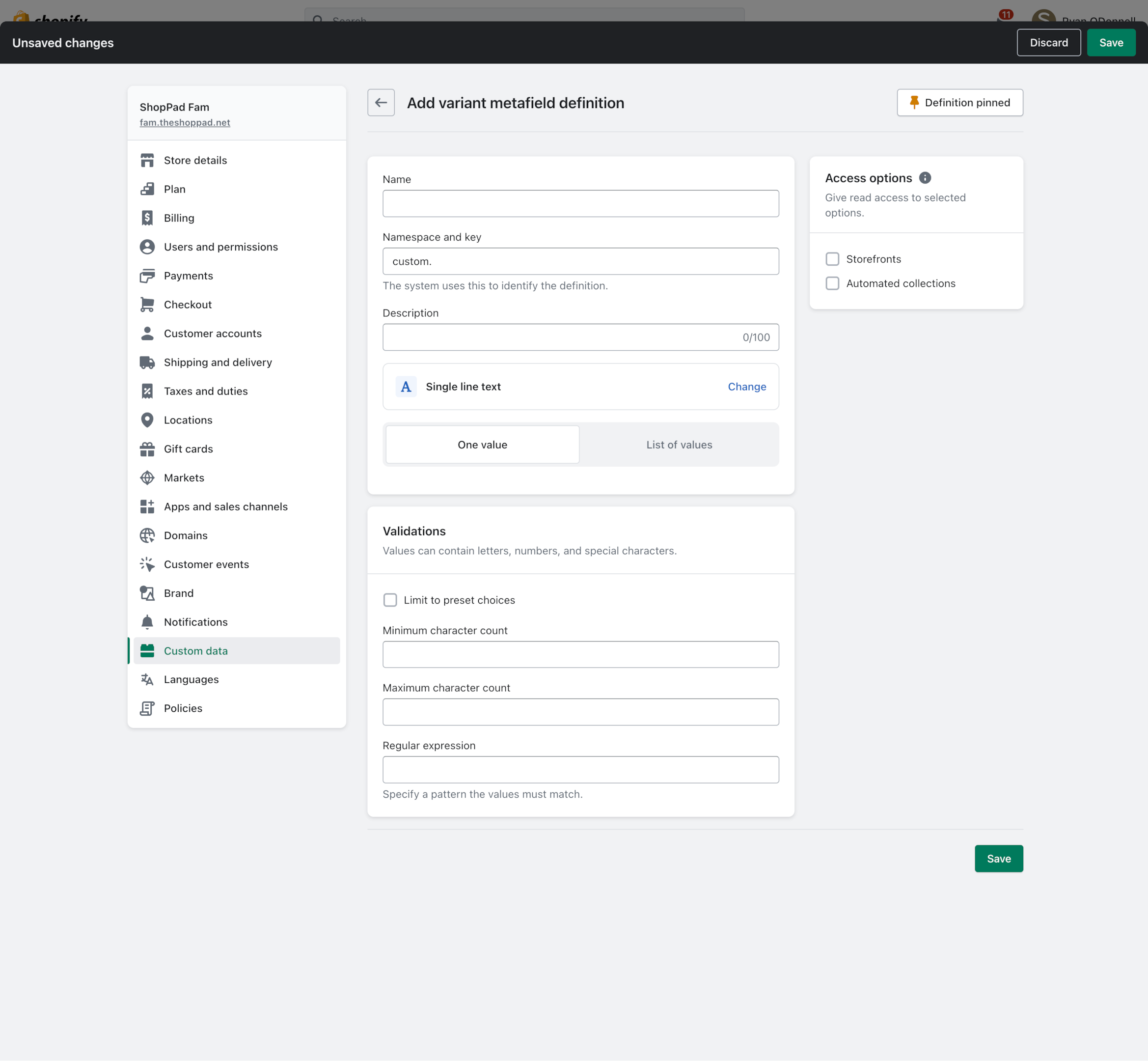Setting up a variant metafield in the Shopify admin