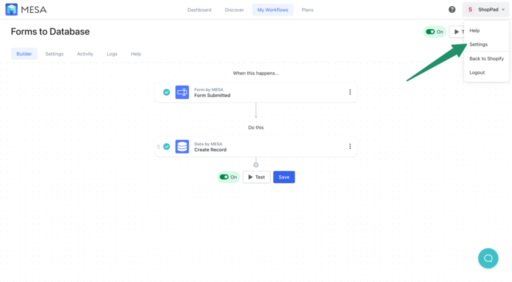 mesa forms to database workflow