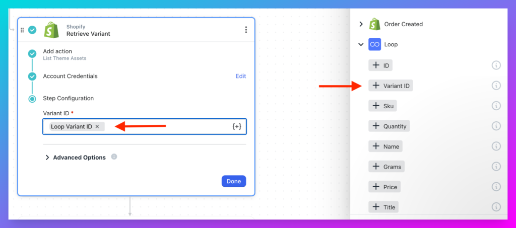 Select the next Action step and add Loop Variant ID token