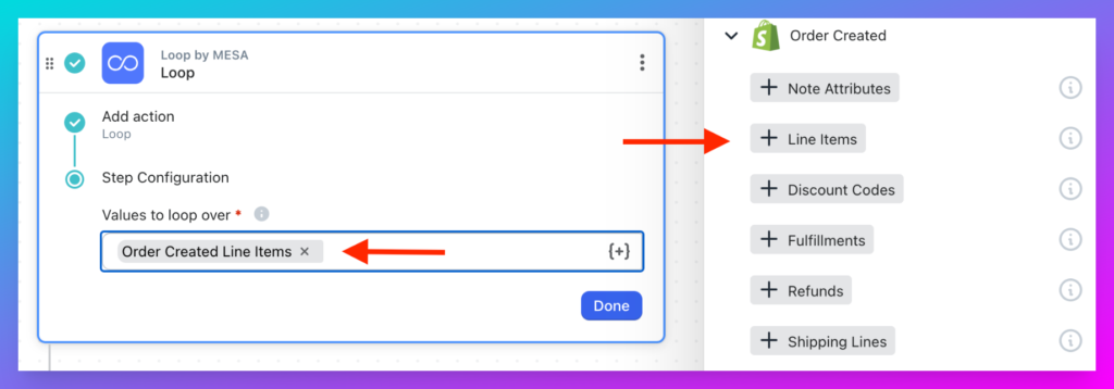 Select the Action step and Line Items token