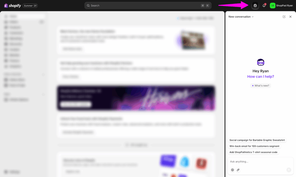 Shopify Sidekick location on Shopify admin dashboard.