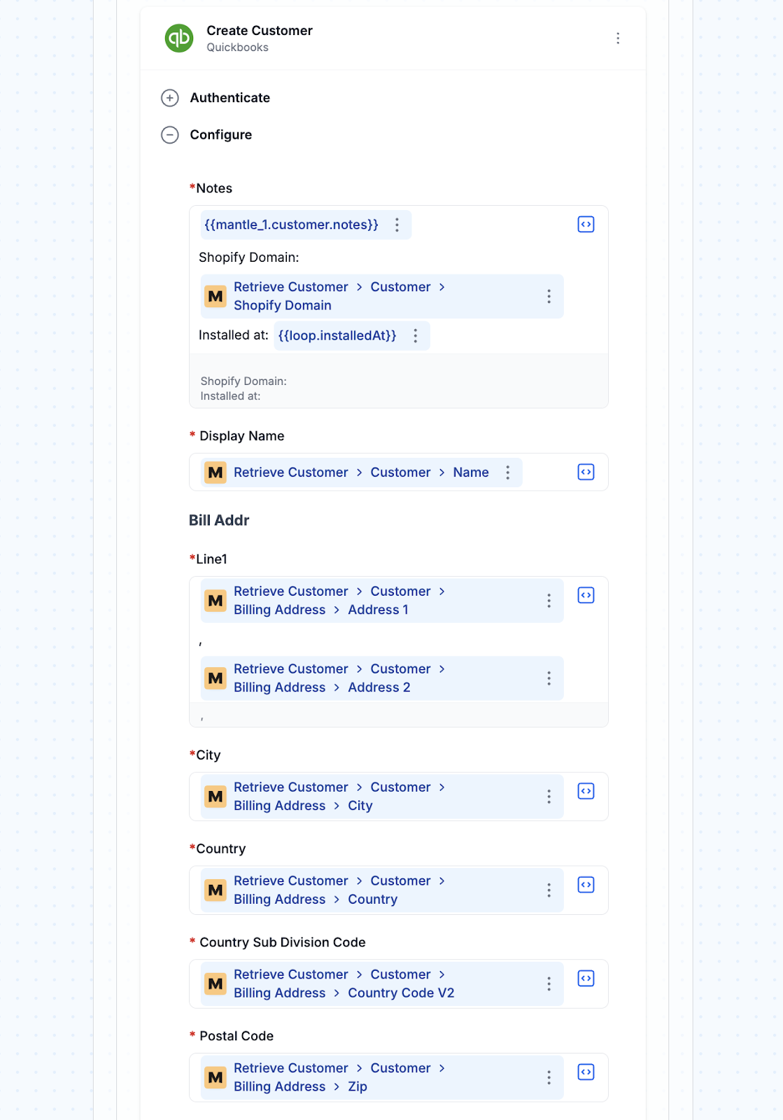 If no existing customer is found, create a new QuickBooks customer record with: Customer name Billing address details Contact information (phone and email) Additional notes, including Shopify domain and installation date
