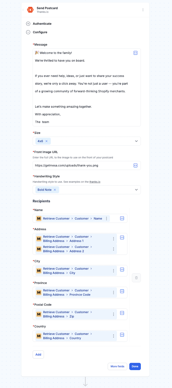 Configure the postcard template