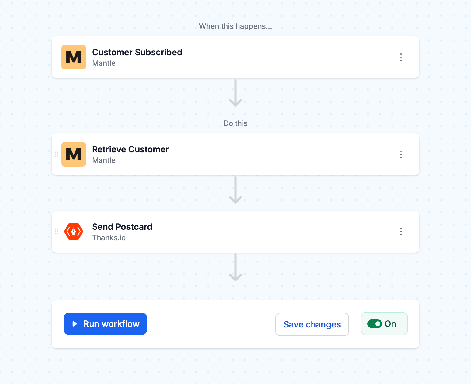 Turn workflow "On" to send a welcome postcard after Shopify app install