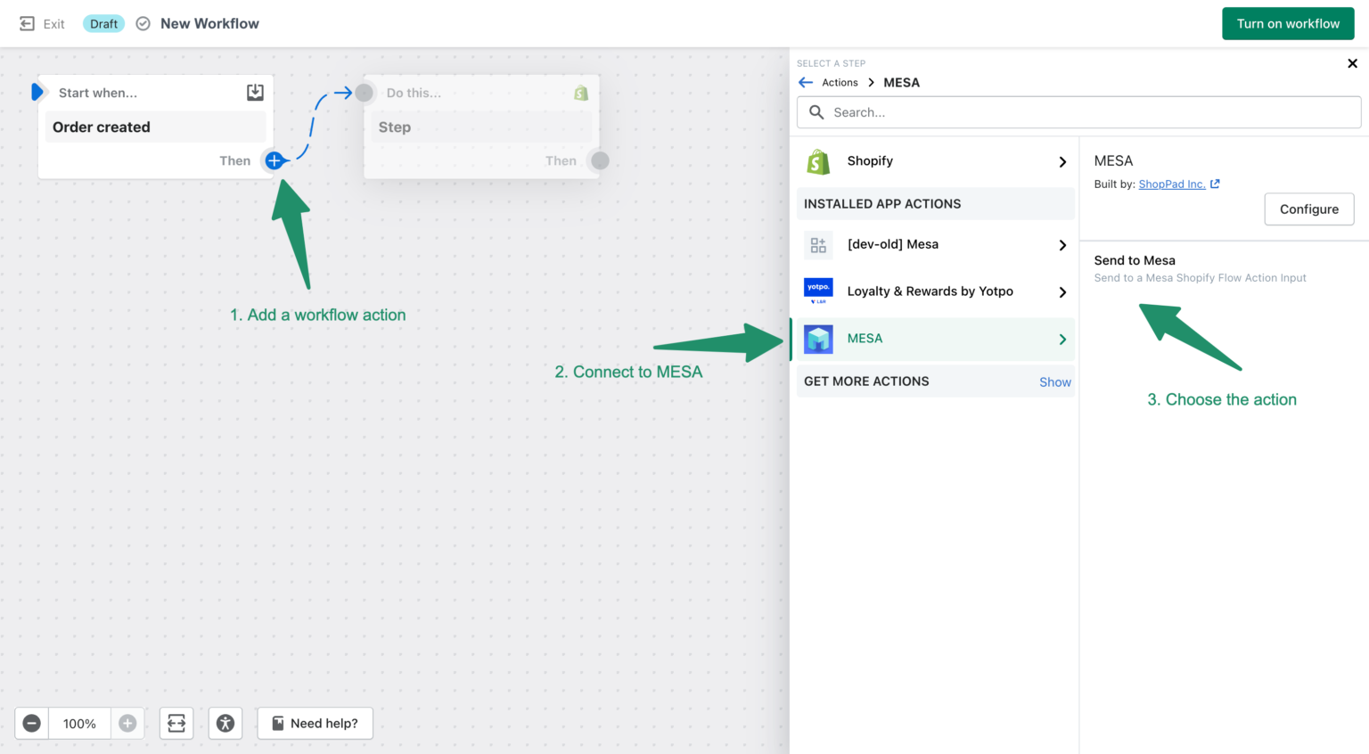 From Shopify Flow, add the Send to MESA action