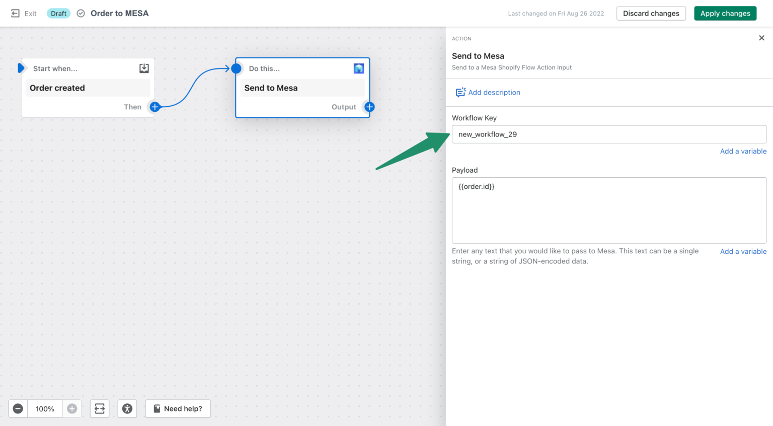 Paste the MESA workflow Key value