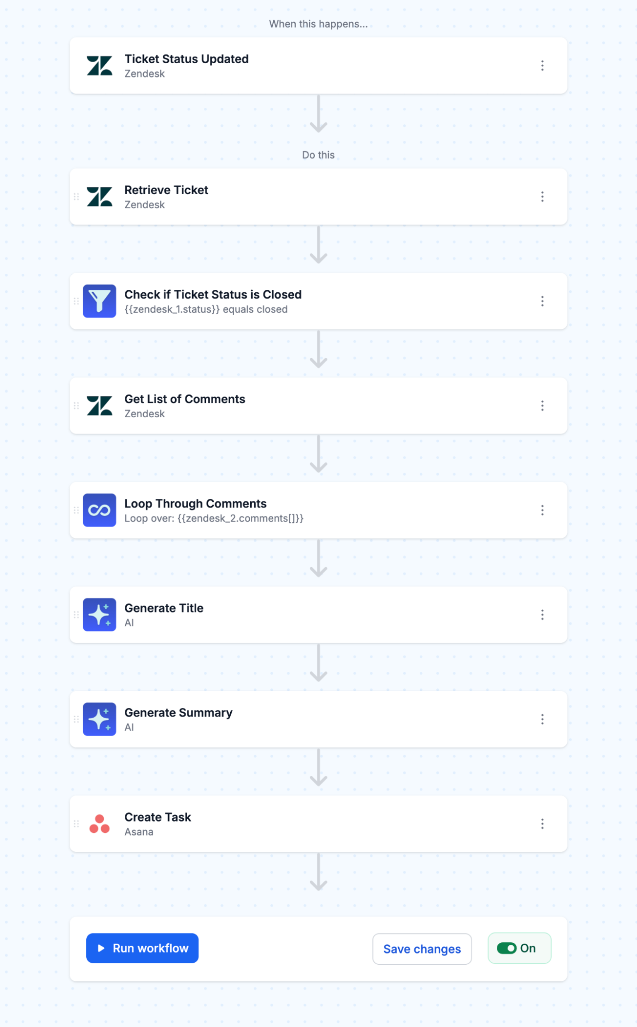 Turn On to send closed Zendesk ticket summaries to Asana automatically