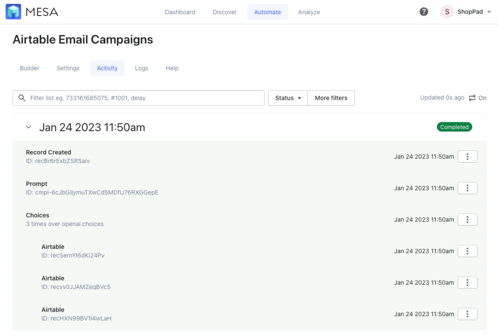 mesa workflow activity