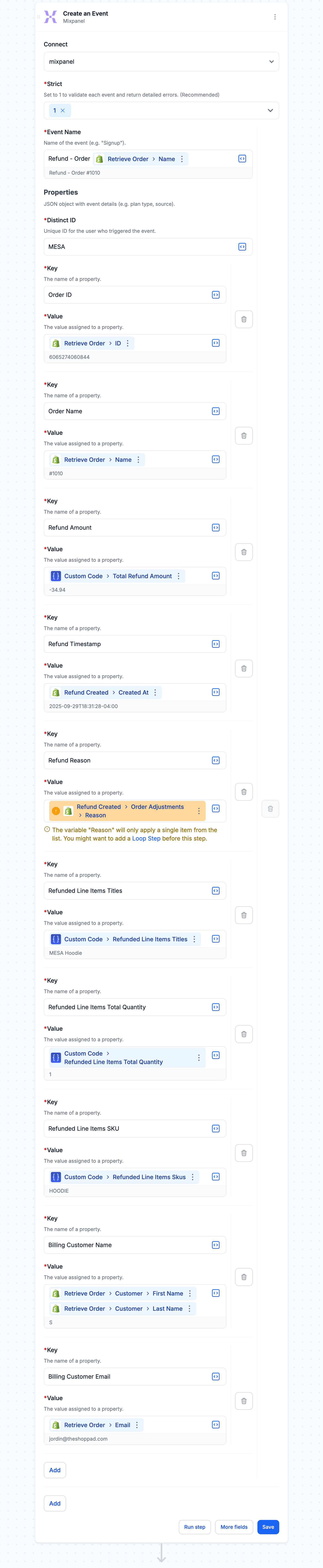 workflow step: create mixpanel refund event