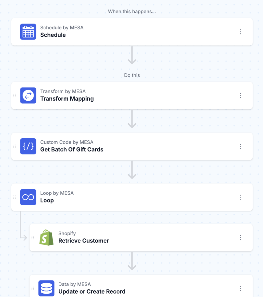 workflow steps: Save Gift Card Balances To Database