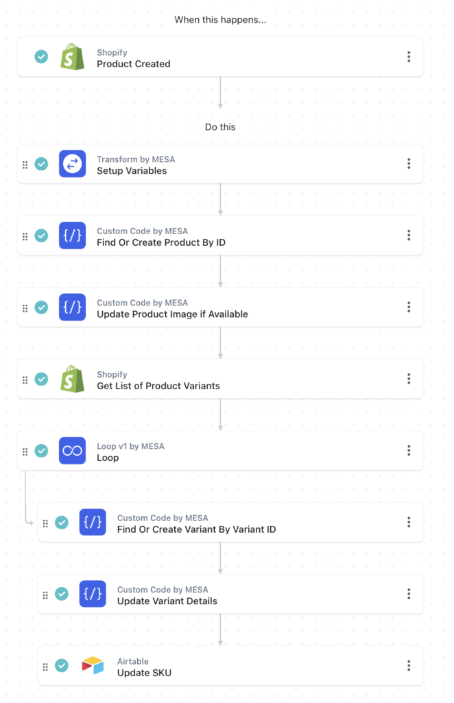 workflow steps: Save products and variants to Airtable