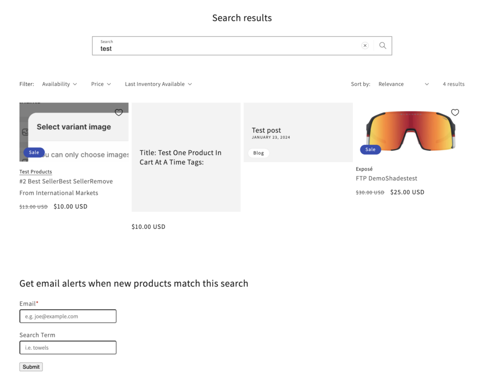 Example: Search results page with subscribe form