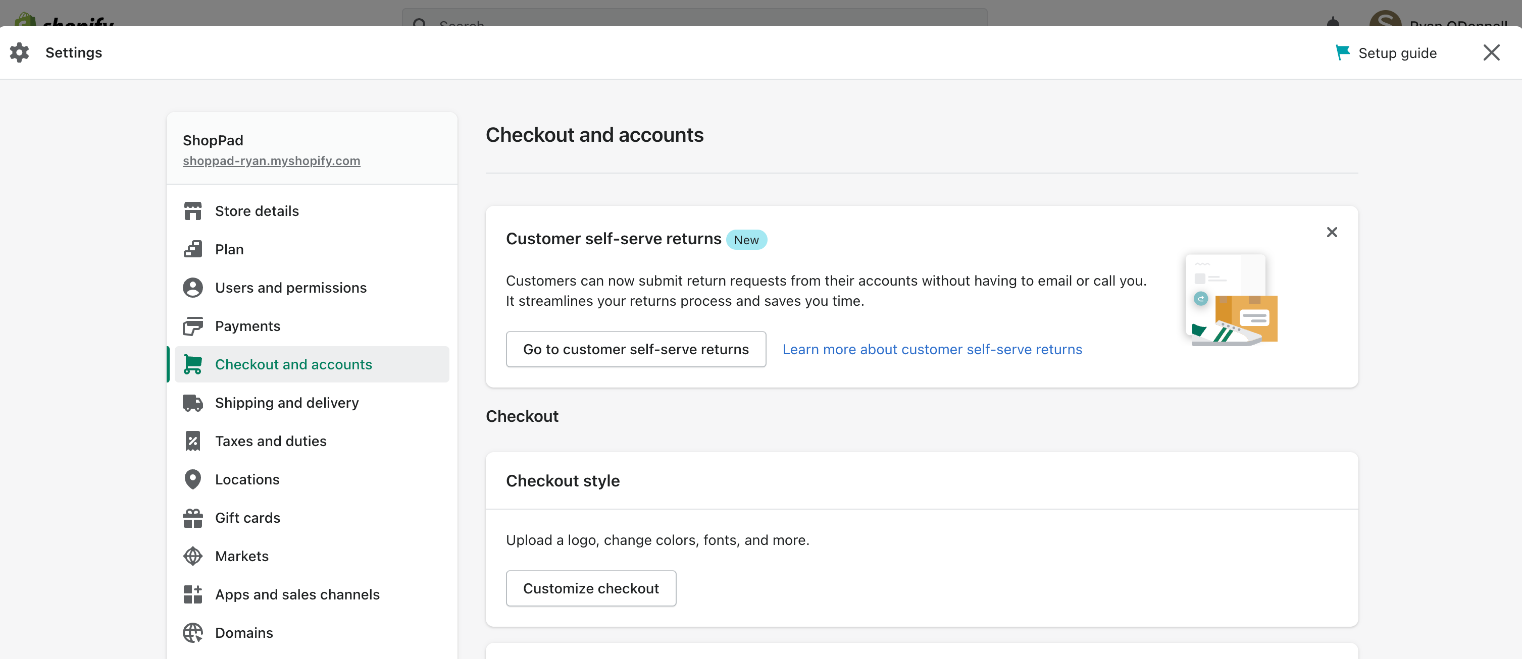 Shopify admin: Customer self-serve returns