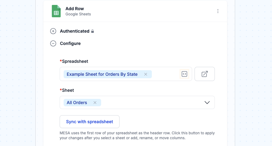 Set-up your Google Spreadsheet by selecting add row.