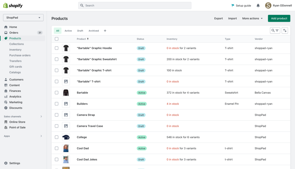 shopify admin products interface